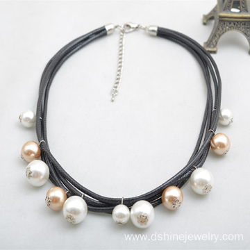 Multi Strand Pearl Necklace Leather Rope Shell Pearl Choker